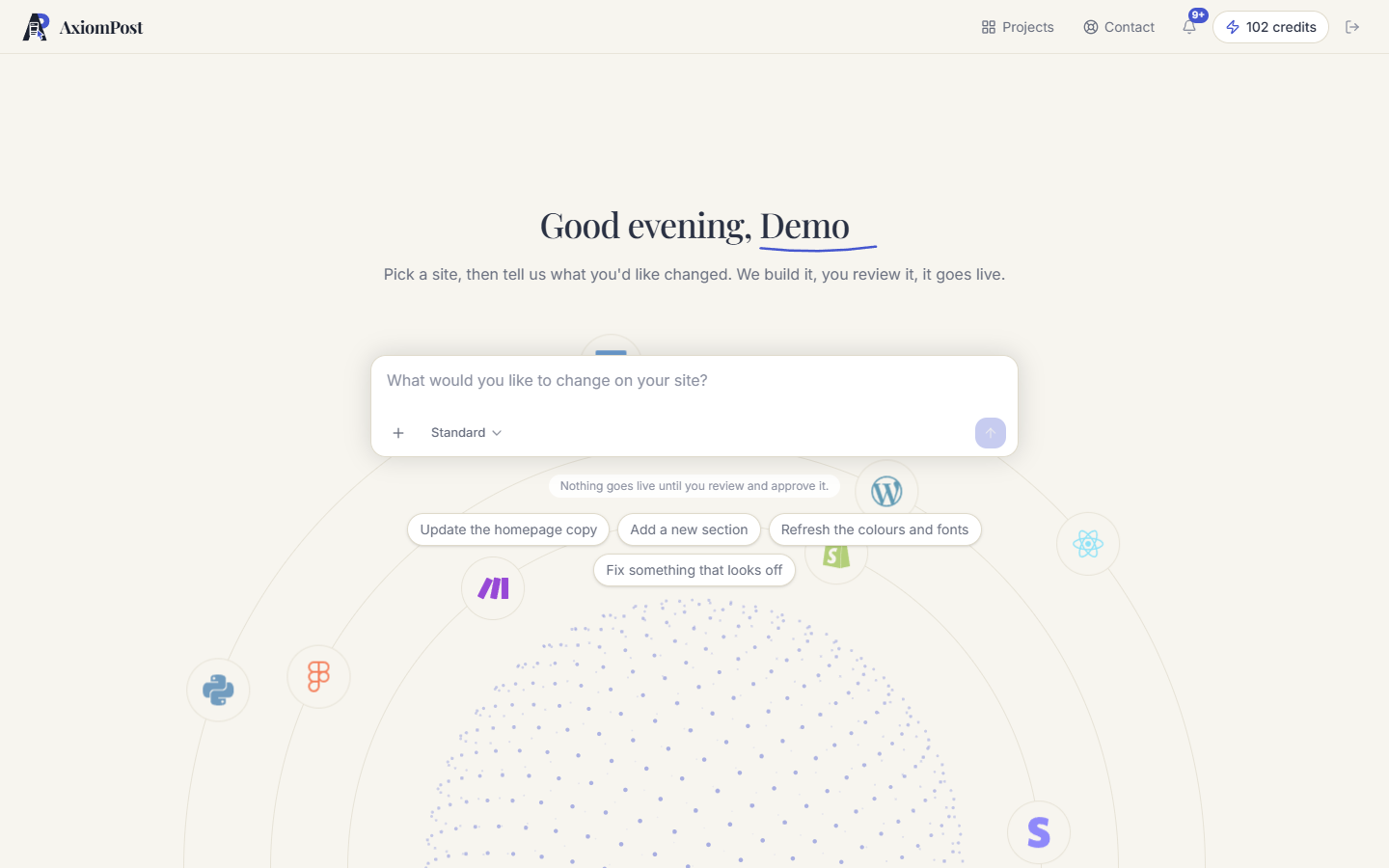 The AxiomPost workspace: a chat box that builds websites
